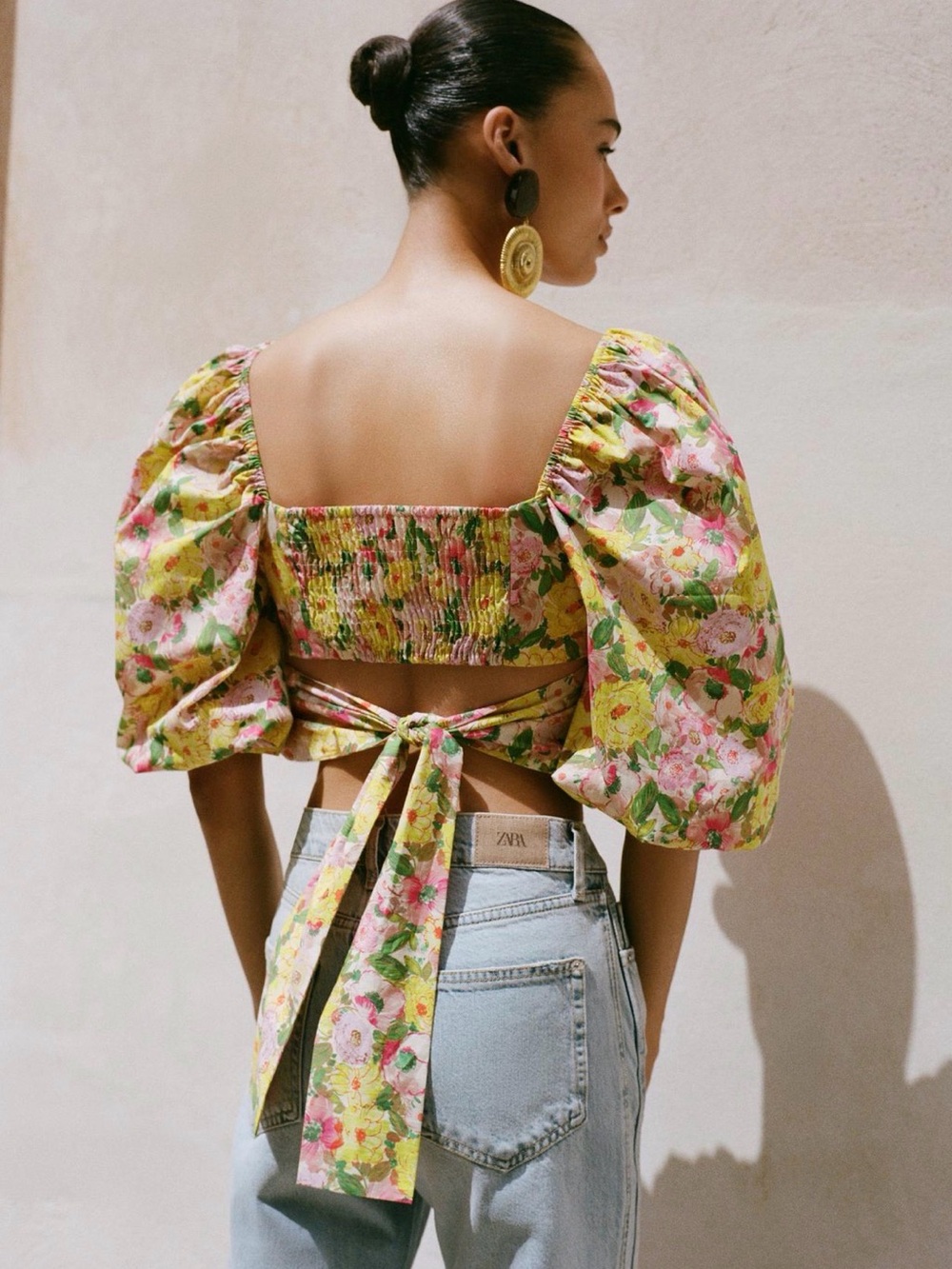 Zara Yellow & Pink Floral Puff-Sleeve Tie-Back Crop Top